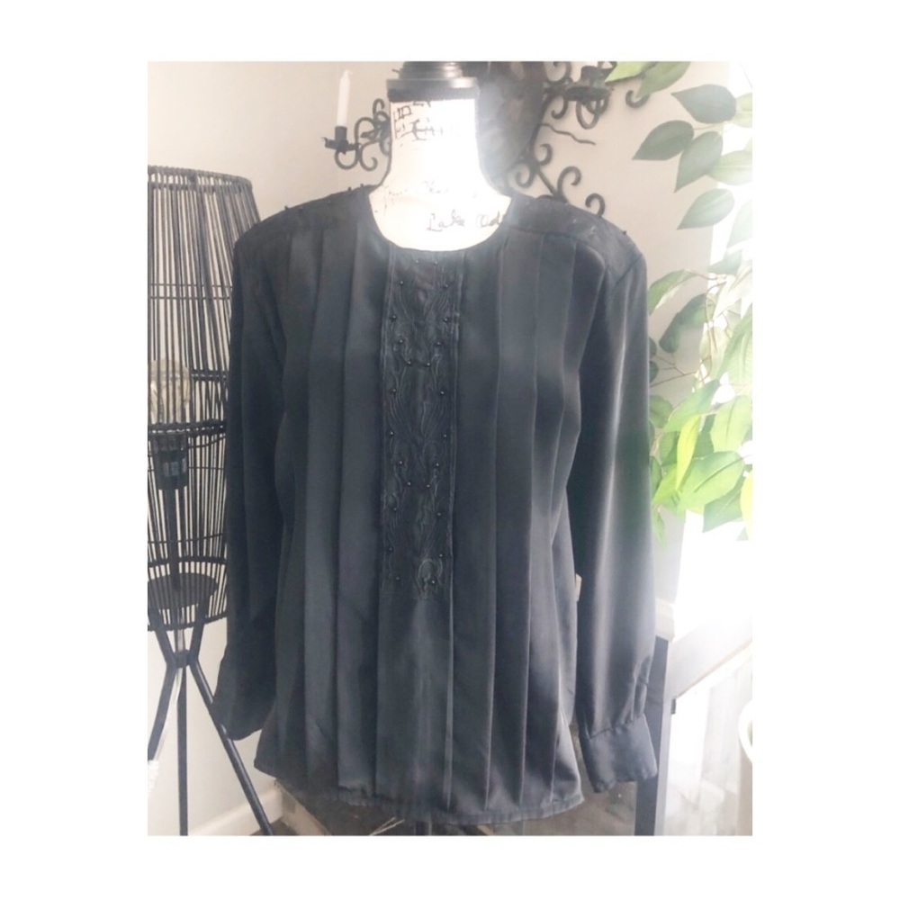 Vintage Black Pleated Blouse Size 14
